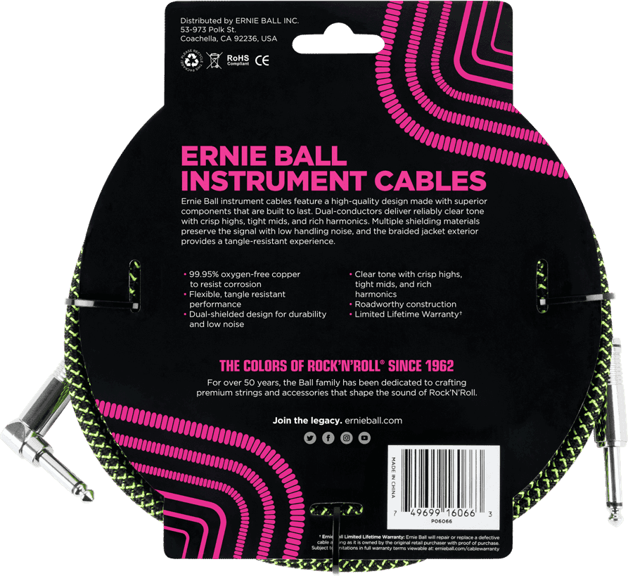 Ernie Ball 6077 Instrument Cable Black/Green Woven | 3 meters