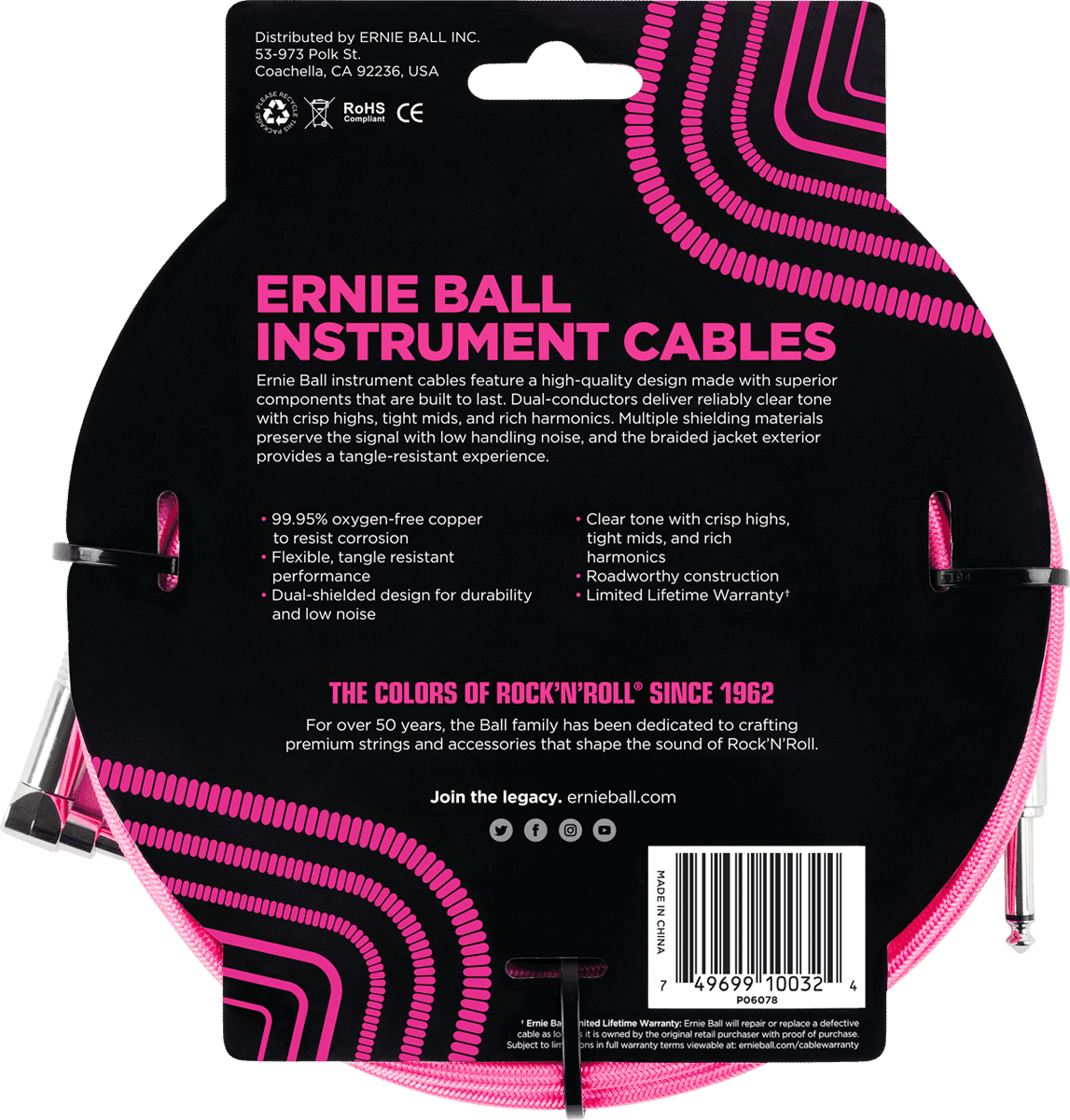 Ernie Ball 6078 Instrumentenkabel Rosa gewebt | 3 Meter