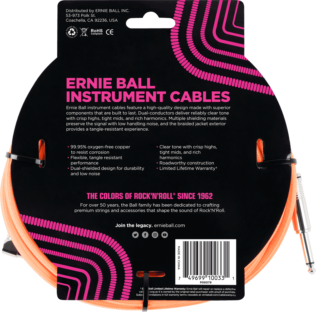 Ernie Ball 6079 Instrumentenkabel Orange gewebt | 3 Meter
