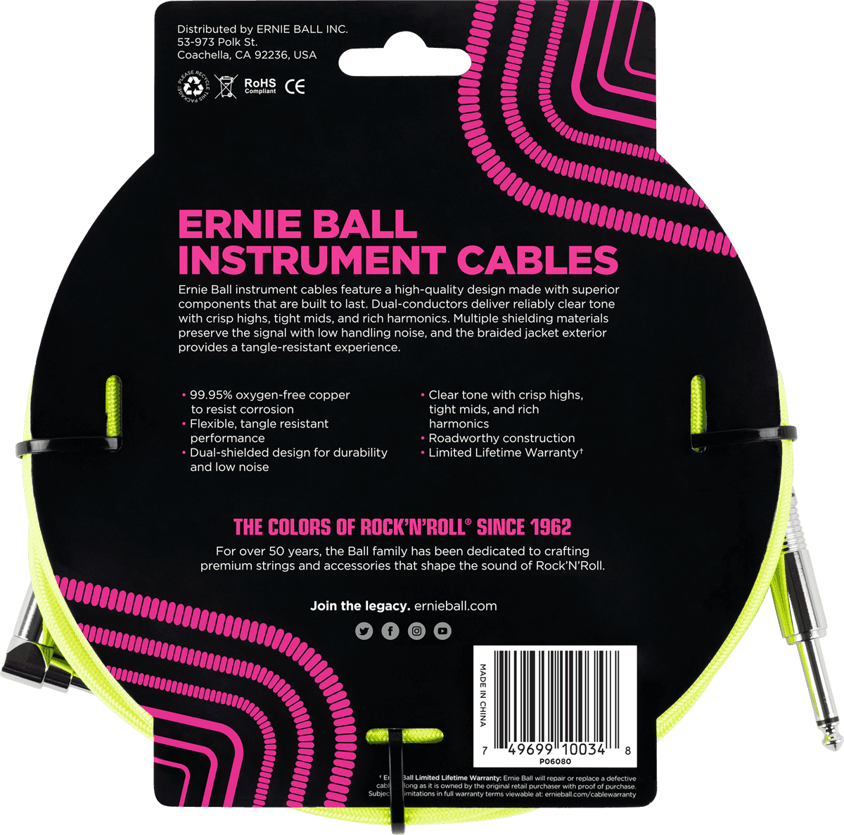 Ernie Ball 6080 Instrument Cable Yellow Woven | 3 meters