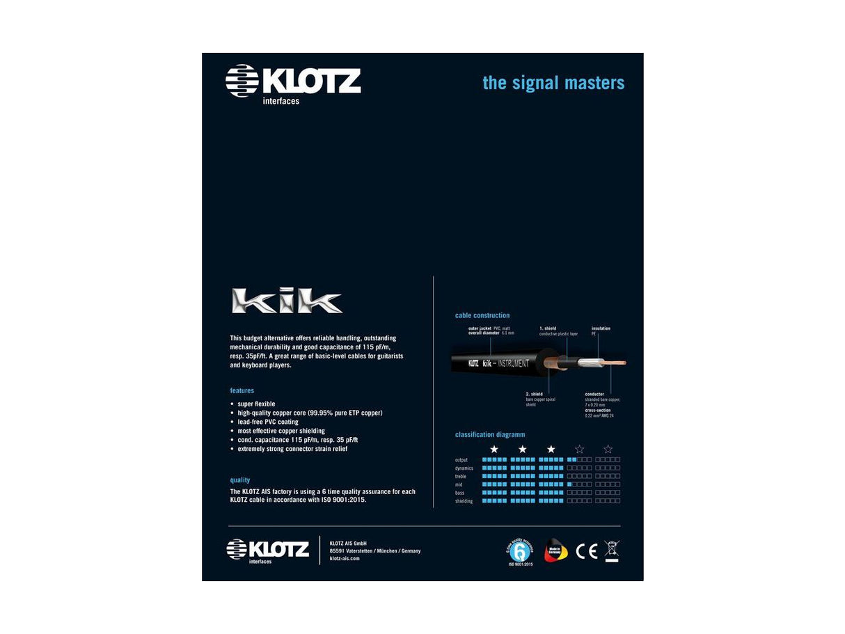 Klotz KIKG6.OPP1 Pro Artist Guitar Cable Jack | 6 meters